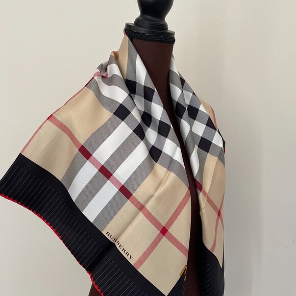 NWT Burberry Scarf Logo Iconic Beige Check Black Red Border Silk Wrap - Picture 4 of 13